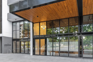 Professional office fitout in Canberra featuring meeting rooms, reception areas, and stairs with clean contemporary finishes.