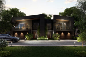 Modern duplex design on the NSW South Coast featuring dark facade, minimalist lines, and coastal architecture