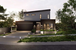 ontemporary residential architecture in Taylor featuring brick cladding, dual pitched roofs, and modern kitchen interiors.